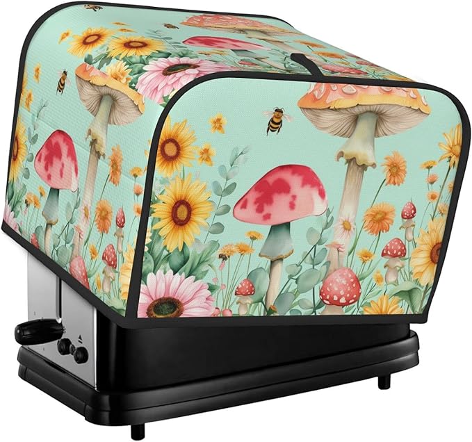 Pastel Sunflowers Mushrooms Covers for 4 Slice Toasters,Cute Country Bread Machine Cover with Handle,Washable Stain Resistant Kitchen Small Appliance Cover Dining Decor
