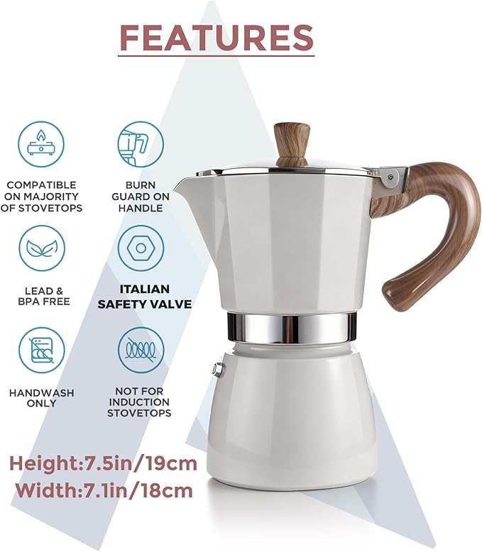 AGOGO Milano Moka Pot Stovetop Espresso Maker with 100 Paper Filters for Sediment-Free Coffee, Classic Italian Greca with Wood-Grain Handle,Cleaning Brush & Towel 6 Cup (10oz / 300ml) Cream