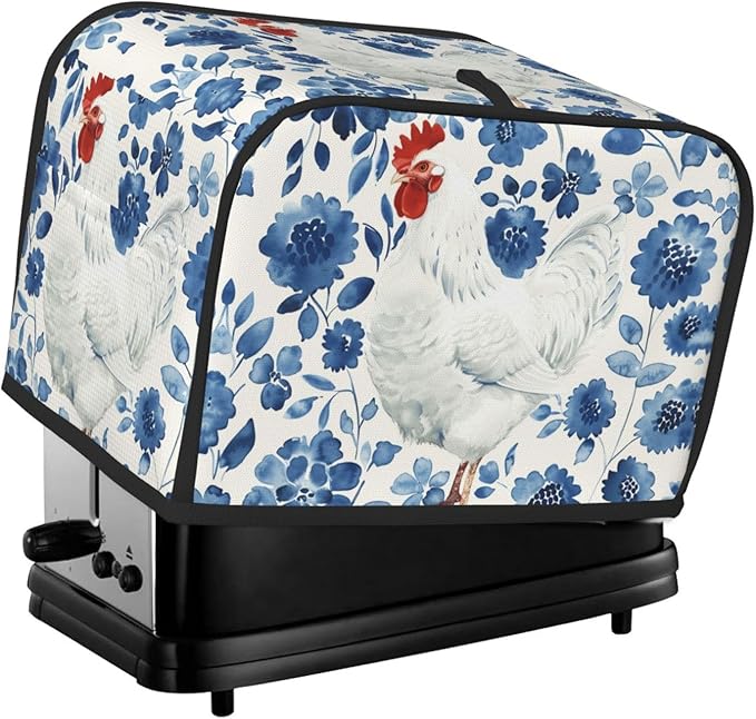 White Rooster On Blue Toaster Cover 2 Slice, Cute Rural Bread Machine Cover, Washable Dust-Proof Cover for Kitchen Small Appliance Cover,with Top Handle