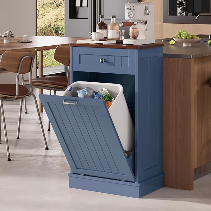 KIGOTY Tilt Out Trash Cabinet,Wooden Kitchen Trash Bin Holder Garbage Bin Recycling Cabinet Laundry Hamper with Solid Wood Countertop and Hideaway Drawer (Haze Blue)