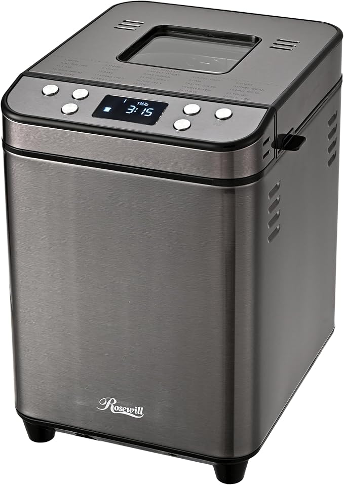 Rosewill 25-in-1 Automatic Bread Maker Machine with 3 Loaf Size up to 2 Lb, 700W High Power Dual Heater Bread Maker with BPA-free Nonstick Coating Pan, Max 15 Hours Delay Timer, Low Noise - Gray