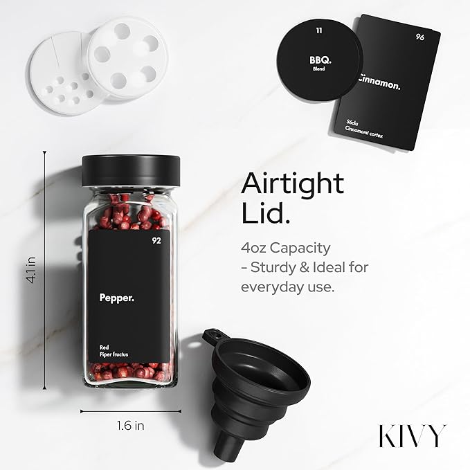 KIVY Spice Drawer Organizer with 24 Spice Jars & 240 Labels - Seasoning Rack for Organization - Kitchen Drawer Insert for Spice Jars - Glass Seasoning Jars with Airtight Lids - Glass Spice Jars Empty