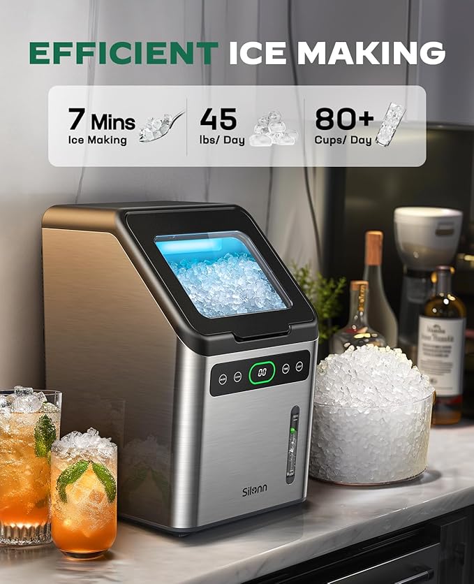 Silonn Nugget Ice Maker - Timer Ice Machine with Self-Cleaning, 45lbs per Day Pebble Ice Maker with Soft Chewable Ice, One-Click Operation Ice Machine for Home, Kitchen, Office