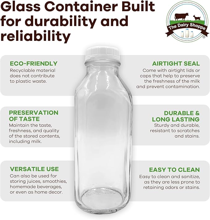 The Dairy Shoppe Heavy Glass Milk Bottles - Jugs with Extra Lids and a Silicone Pour Spout - Clear Milk Containers for Fridge - Reusable Glass Milk Jug Dispenser - Made in USA (33.8 oz, 2 Pack)
