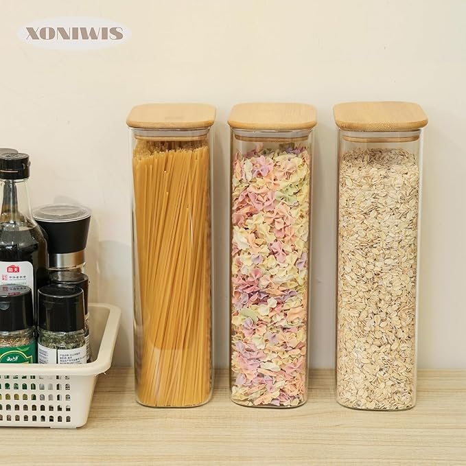 71oz 3PCS Rectangle Spaghetti Pasta Storage Containers with Lids, Tall Pantry Containers, Glass Tight Food Storage Jars with Lids for Penne, Macaroni, Lasagna, Fusilli, Cereal, Flour, Oats