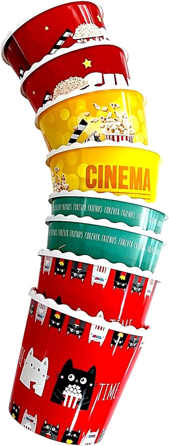 Modern Style Reusable Plastic Popcorn Box/Popcorn Containers/Popcorn Bowls Set for Movie Theater Night - (BPA Free - 8 Pack - 75 oz) (Popcorn Mix Y)