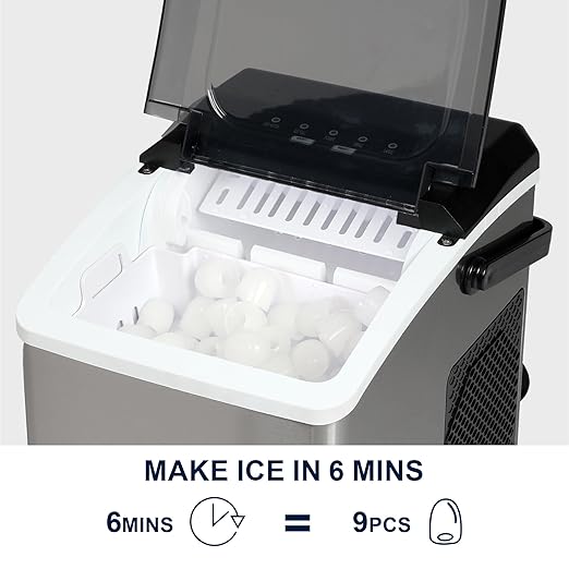 Kenmore Countertop Ice Maker – Maquina para Hacer Hielo en Casa, Nugget Ice Maker Makes 9 Pebble in 6 Mins, Portable Self‑Cleaning Ice Machine, 26 Lbs/Day, Stainless Steel