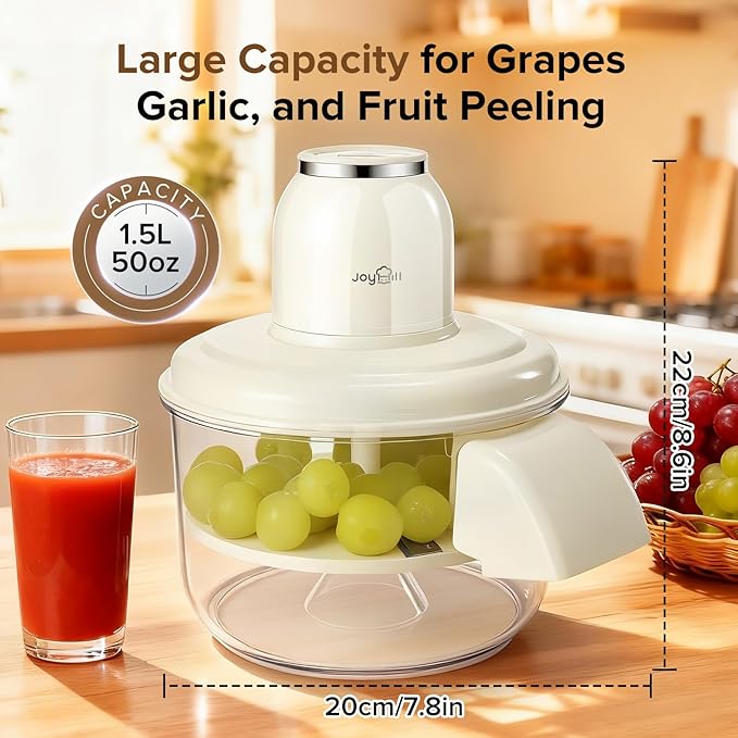 JOYHILL Electric Grape Peeling Machine, Automatic Fruit and Garlic Peeler for Grape Tomato Cherry, 50W Motor with Stainless Steel Blades, Rechargeable Cordless Kitchen Peeling Tool (White-1PC)