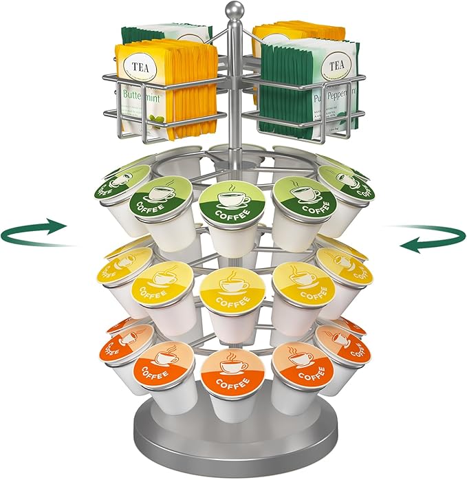 EsLuker.ly K Cup Holder Coffee Pod Organizer Carousel for Countertop, Rotatable Metal 4-Tier Storage Rack Stand for 30 K Cups & Tea Bags, Convenience Meets Elegance, Silver