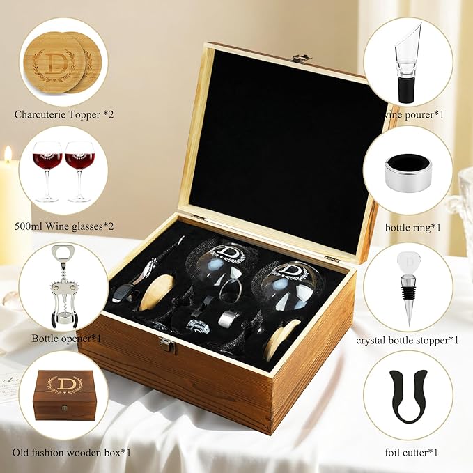 GZLDGIFTS Personalized Initial Wine Glasses Box Gift Set For Women Mom Engraved Birthday Monogrammed Wooden Christmas Wedding Anniversary Wine Couples Stopper Opener Initial Letterr (B Set)