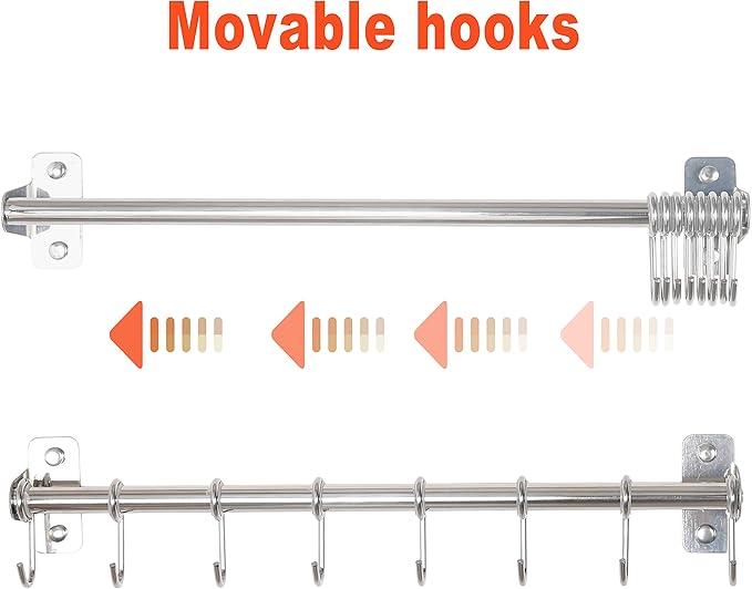 Dseap Kitchen Utensil Holder Hanger, Pot and Pan Rack Wall Mount, Kitchen Rail with 8 Hooks for Hanging Cooking Utensils, Mugs, Spoons, Wall Mounted, Stainless Steel, Chromed
