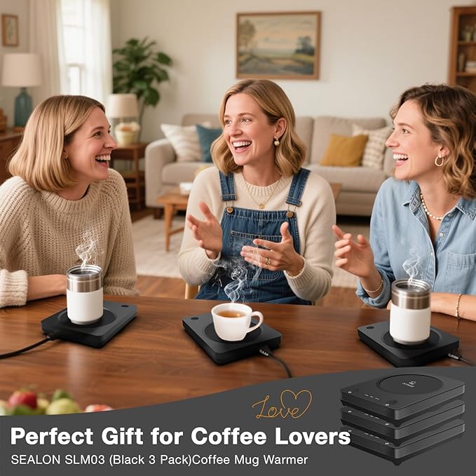 SEALON SLM03 Electric Coffee Mug Warmer (Black, 3 Pack) - 3-Temperature Desk Cup Warmer with Auto Shut-Off (4 Hours) for Heating Coffee, Tea, Milk & Beverages