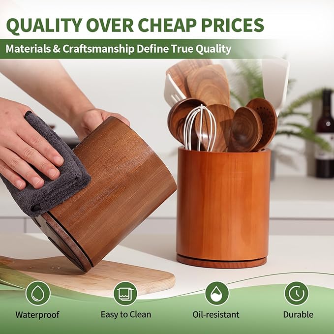 Wooden Utensil Holder, 360°Rotating 7.3'' Large Utensil Holder for Kitchen Counter, Kitchen Utensil Organizer, Utensil Crock, Farmhouse Kitchens Countertop Decor, Cherry-finish