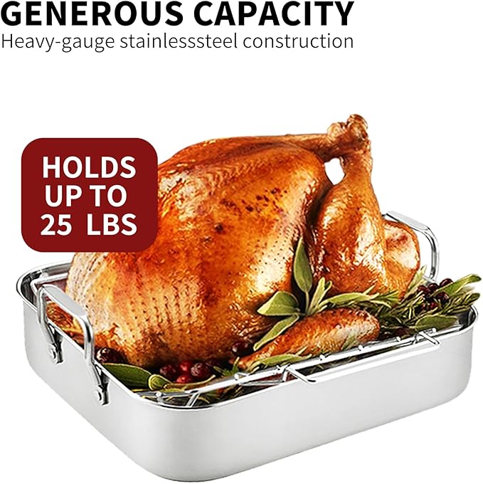 QPMR 16.5inch Roasting Pan with V-Shape Rack - Stainless Steel Large Turkey Roaster Pan for Turkey, Chicken, Ham Roaster with V-Shaped Baking Rack Heavy Duty Dishwasher Safe, Hold up to 22LB
