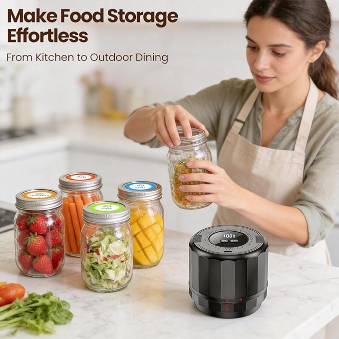 M11 Electric Mason Jar Vacuum Sealer Kit - with Wide and Regular Mouth Mason Lids, Jar Vacuum Sealer for Canning Jars, Vacuum Sealing Machine for Food Storage Black