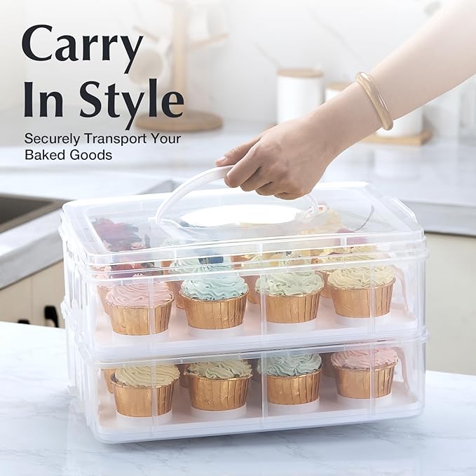 Gencywe Plastic Cupcake Carrier 24 Count, 2-Layer Cupcake Holder Carries with Lid & Handles, Cookie, Cake, Cupcake and Brownie Storage Carrier, Reusable Cupcake Box