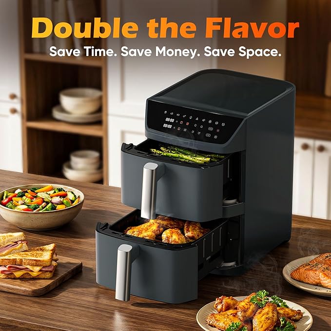 Dual Basket Air Fryer, 12.6QT Family-Size for 10–12 People, XL Basket for 6LB Whole Chicken, DoubleStack Compact Design, 10-in-1 Functions with Reheat, Dehydrate & SyncFinish, Dishwasher-Safe, Gray