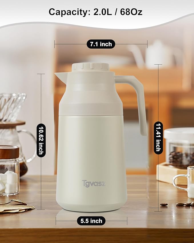 2 PCS Thermal Coffee Carafe Insulated Stainless Steel Coffee Carafe for Hot Liquid Vacuum Thermal Pot Creamer Pitcher Dispenser Keeping Hot Water Milk(Black/White 68 oz)