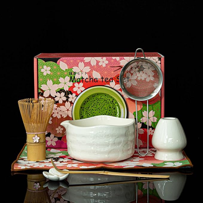 Matcha Set–7-Piece Set Including Matcha Bowl with Spout, Whisk, Chasen Holder, Sifter, Bamboo Scoop,Scoop Stand,wood spoon(Daisy White)–Perfect for Matcha Lovers&Tea Ceremonies