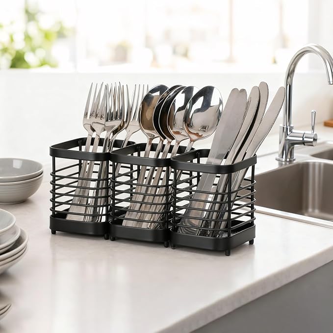 Utensil Holder, Stainless Steel Utensil Drying Rack for Kitchen Counter, Silverware Cutlery Flatware Holder Forks, Knives, Spoons, Chopsticks Organizer (Black)