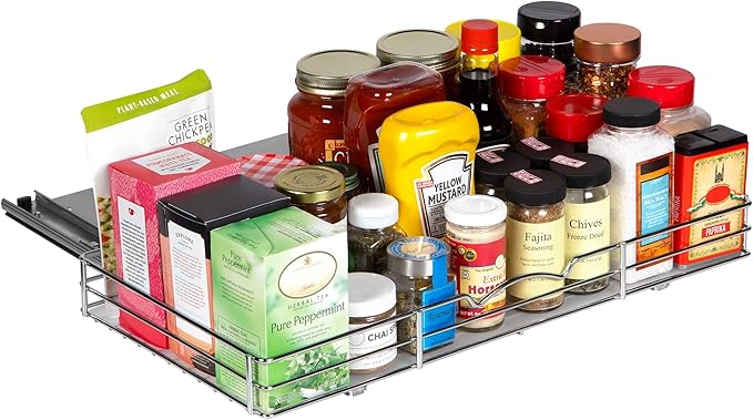 Pull-Out Cabinet Spice Rack Organizer - Slim Slide-Out Storage for Spices, Bottles & Jars, Premium Heavy-Duty Steel, Easy Install for Narrow Kitchen Cabinets - 20 ⅜ W x 10 ½ D x 2 ¾ H, Chrome