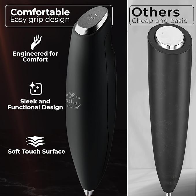 Zulay Kitchen Patented Tornado Triple Whisk Milk Frother with 4 Duracell Batteries – Handheld Foam Maker for Coffee, Lattes, Matcha & Hot Chocolate – Rich, Creamy Froth in Seconds - Alpha Black