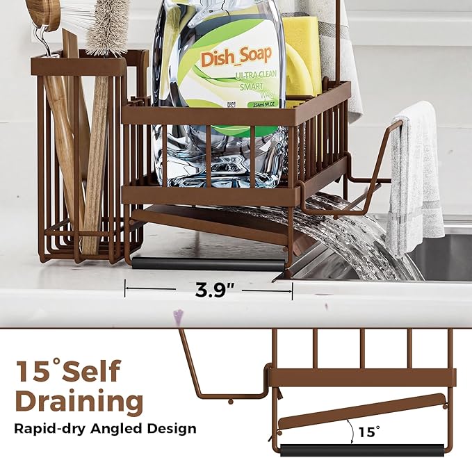 Sponge Holder for Kitchen Sink – Rustproof Stainless Steel with Detachable Drainboard, Brush Rack & Towel Bar | Compact, Non-Slip Design for Countertop Bathroom