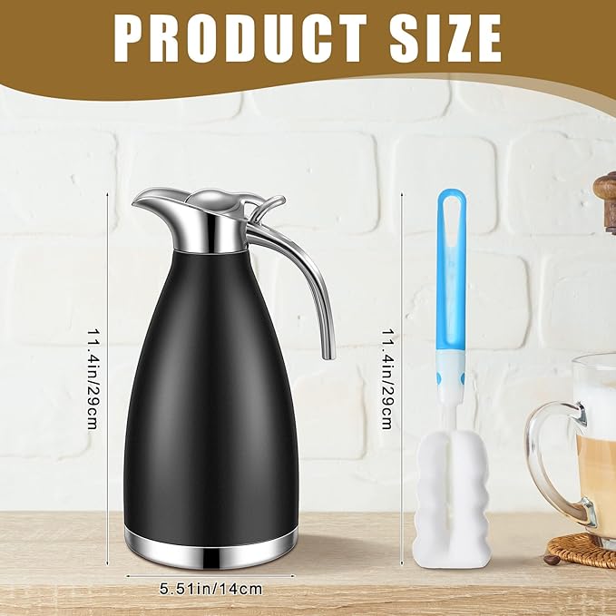Uiifan 2 Pcs 68 oz Thermal Coffee Carafe Insulated Stainless Steel Coffee Carafe for Hot Liquids Vacuum Thermal Pot Creamer Dispenser with Brushes Keeping Hot Tea Milk Water(Black, White)