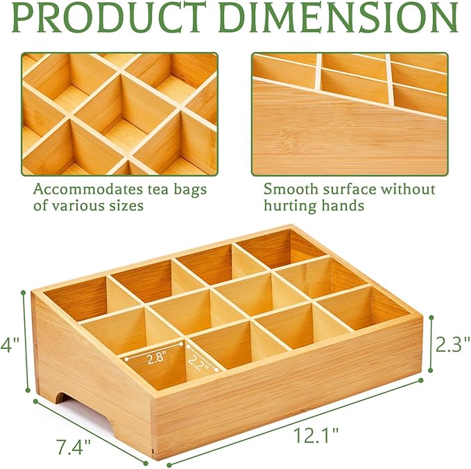 TIMIEEYA Tea Bag Organizer - Bamboo Tea Storage Organizer With 12 Compartments, 1 Layer Tea Organizer for Tea Bags Natural Bamboo for Countertop Office Kitchen Cabinet Pantry