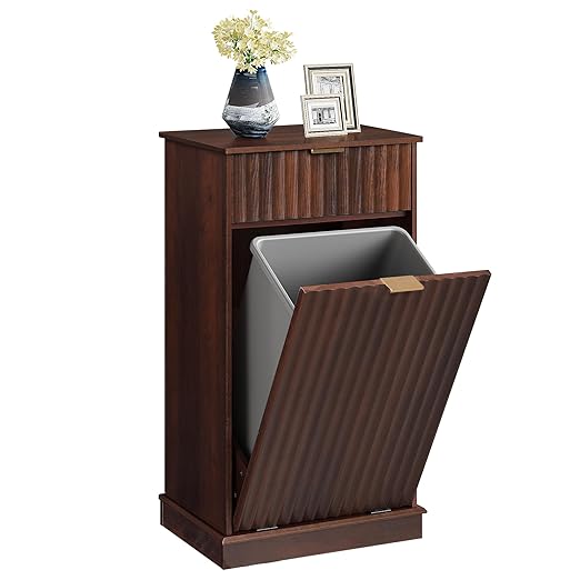 WLIVE 10 Gallon Trash Can Cabinet, Tilt Out Garbage Can Cabinet with Storage Drawers,Food/Clothes Storage Pet Proof Wooden Trash bin, Hidden Laundry Hamper for Kitchen, Home, Laundry (Brown)