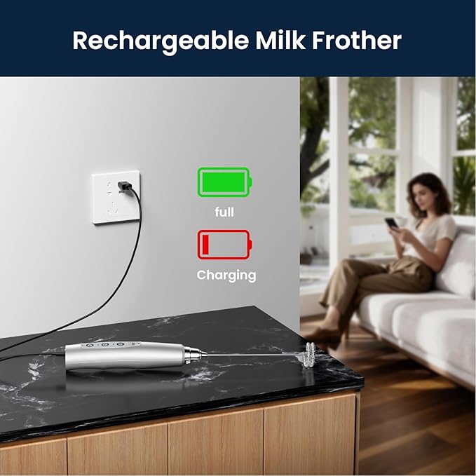 Sakgos Milk Frother Rechargeable Handheld-Electric Whisk 3 Speed Adjustable, Coffee Frother Wand with 3 Stainless Whisks, Electric Foam Maker, Drink Mixer Blender for Latte Cappuccino Matcha Egg