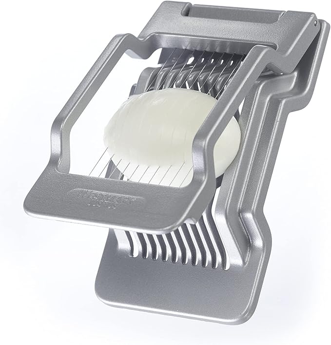 Westmark Egg Slicer Justus for Hard Boiled Eggs with Individually Tensioned Stainless Steel Wire Cutters, German Heavy Duty Aluminium Slicer for Round & Oval Eggs, Dishwasher Safe, Grey