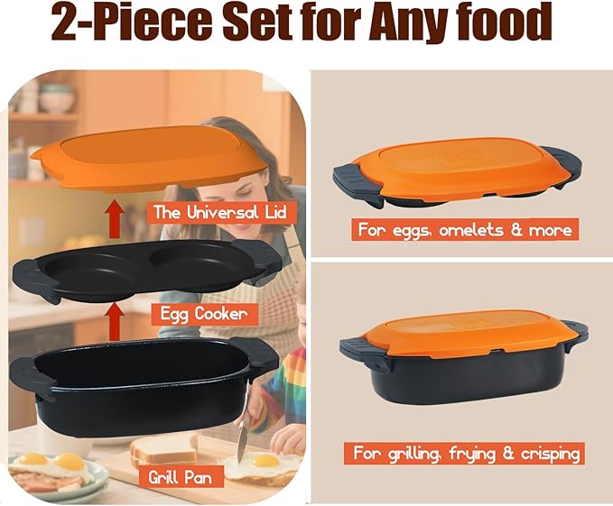 MKYSAIL Quick-Heat Microwave Egg Cooker and 33 OZ Microwave Grill Combo | 2-Piece Breakfast Maker Set for Grilling, Frying, Crisping Meat, Bacon, Pancakes & Veggies | Dishwasher Safe & Non-Stick for Kitchen RV, Dorm, Office(Orange)