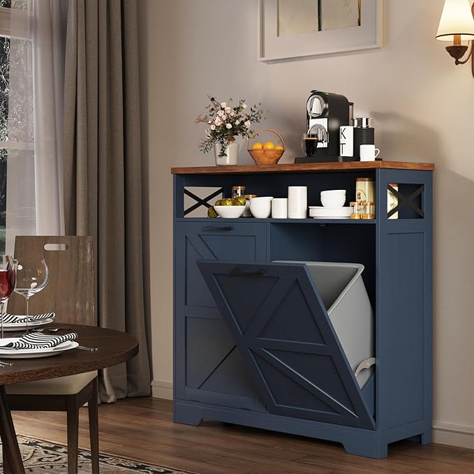 Double Tilt Out Trash Can Cabinet for 13 * 2 Gallon Trash Can, Farmhouse Kitchen Island Cabinet with Adjustable Shelf for Hidden Laundry Basket, Dog Proof Garbage Can for Dining Living Room, Blue