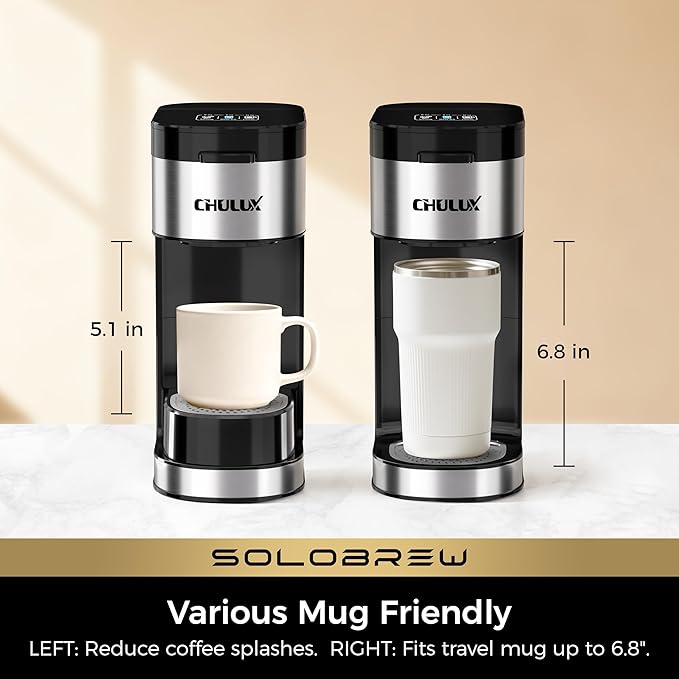 CHULUX SoloBrew Single Serve Coffee Maker, for K Cup and Ground, 3 Brew Sizes with Strong Button & Over Ice Feature, 14oz Removable Reservoir, for Home, Travel, RV, Office and Dorm