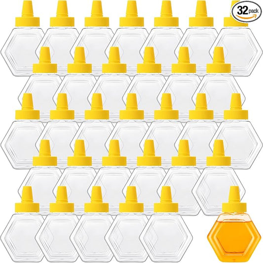 Ziliny 32 Pcs 7 oz Honey Squeeze Bottle Plastic Empty Beehive Bottle Jar with Spout Lid Clear Refillable Honey Containers for Condiment Storing and Dispensing Dispenser (Hexagon)