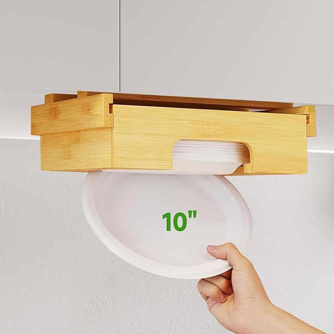 Paper Plate Dispenser Under Cabinet - 10 Inch Bamboo Paper Plate Dispenser, Kitchen Counter Vertical Holder Organizer Countertop Caddy (10 Inch Natural)