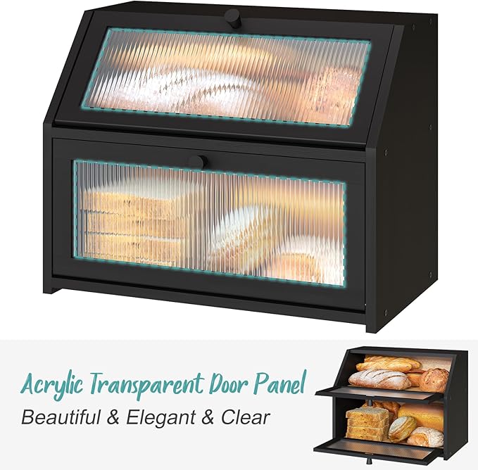 Black Bread Box for Kitchen Counter, Large Bamboo Wood Double Layer Bread Box, Wooden Bread Storage Capacity