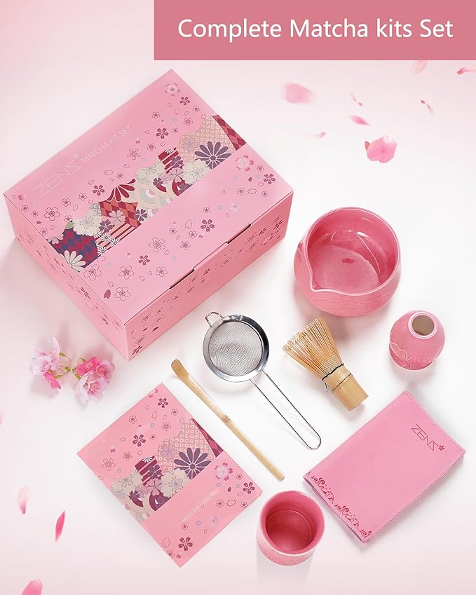ZENS Pink Matcha Set, 7pcs Matcha Whisk Set Includes 15oz Ceramic Bowl and Cup for Bamboo Whisk, (Chasen Holder), Scoop, 304 Sifter and Tea Mat, Pink Matcha Kit for Matcha Lovers