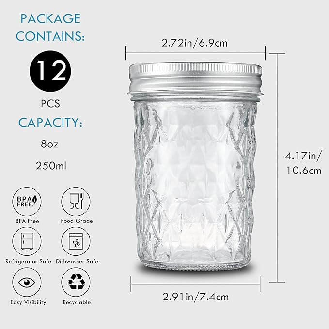 YEBODA 12 Pack Mason Jars 8 oz Glass Jars with Lids and Bands Canning Jars Ideal for Preserving, Jam, Honey, Jelly, Wedding Favors, Shower Favors, Sauces, Yogurt, DIY Spice Jars