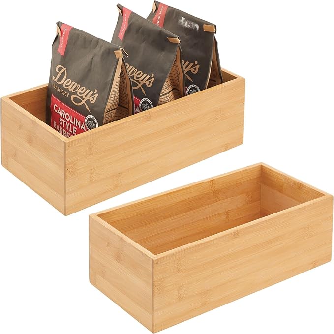 mDesign Bamboo Wood Organizer Storage Bin Box for Kitchen, Pantry, and Drawer Organization; Holder for Snacks, Juice Boxes, Utensils, Tea, Coffee - Echo Collection - 2 Pack - Natural