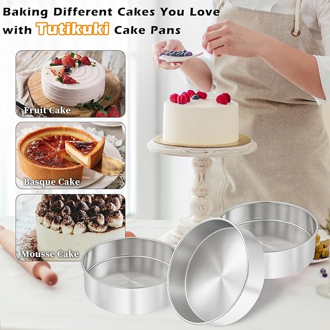 8 Inch Cake Pan - 3PCS Stainless Steel Round Layer Cake Baking Pans with 100 PCS Parchment Paper, Round Bakeware for Party Birthday Wedding, Mirror Finish & Dishwasher Safe
