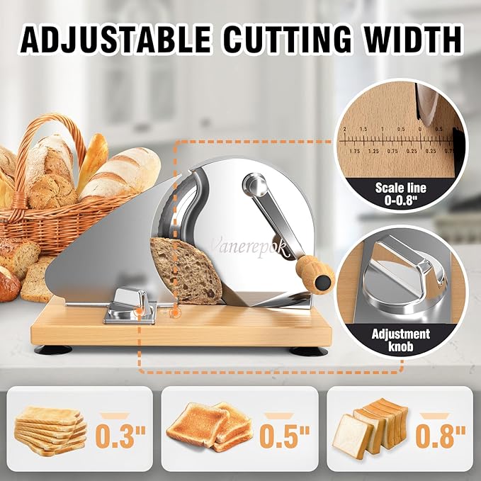 vanerepok Manual Bread Slicer for Homemade Sourdough Bread Versatile Hand Crank Bread Slicer for Sourdough Crusty Bread Etc Stainless Steel Slicers Adjustable Width for Homemade & Commercial Use
