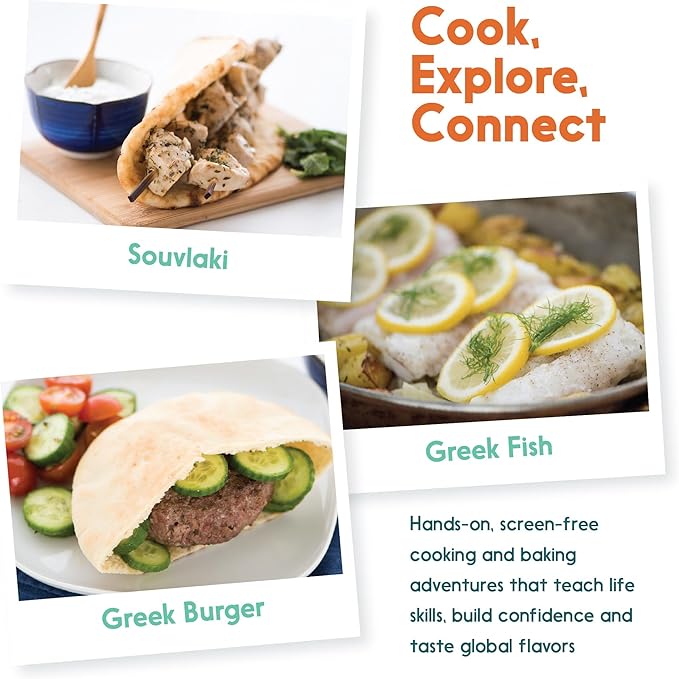 eat2explore Cooking Kits for Kids 15 Pcs – Interactive & Educational Kids Cooking Sets Real for Ages 5 and Up,3 Recipe Cards & Global Ingredients – Perfect for Families and Homeschooling (Greece)
