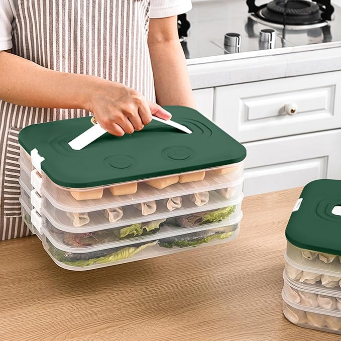 Food Storage Containers with Lids, Plastic Cookie Storage Containers Airtight, 4-Layer Stackable Food Containers Dumpling Storage Box, Green
