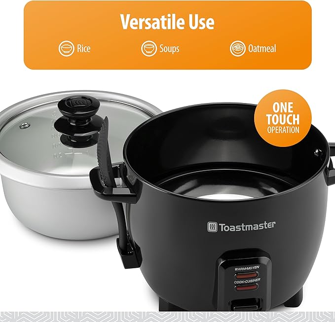 Toastmaster Electric Rice Cooker - Large Capacity for Soups, Oatmeal & More - Automatic Rice Cooker with Tempered Glass Lid & Keep Warm Mode - 10-Cup, Black