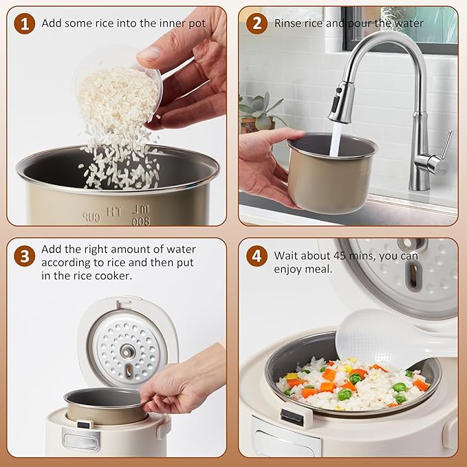 Small Rice Cooker, Mini Rice Cooker 2 Cup Uncooked(4 Cup Cooked), Portable Non-stick Electric Rice Maker, for Dorm Travel Office 1-2 Person, 12 Hours Timer Delay & Keep Warm, Beige