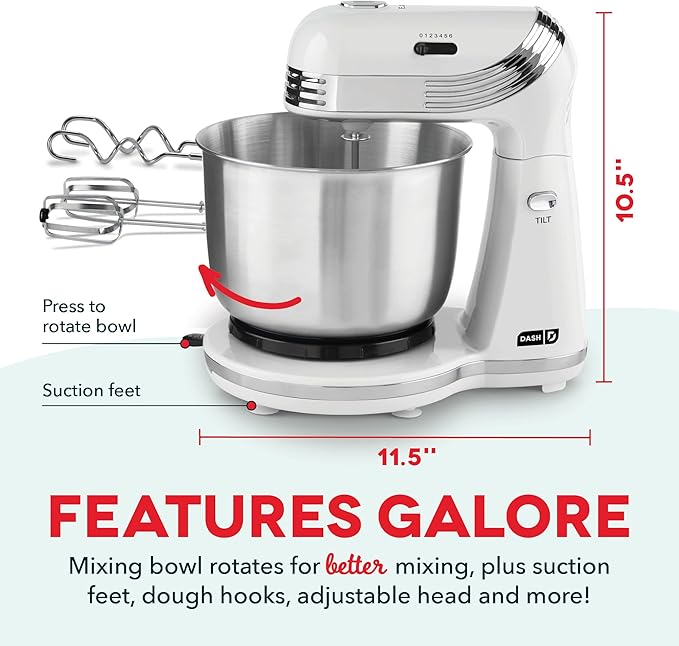Dash Stand Mixer (Electric Mixer for Everyday Use): 6 Speed Stand Mixer with 3 qt Stainless Steel Mixing Bowl, Dough Hooks & Mixer Beaters for Frosting, Meringues & More - White