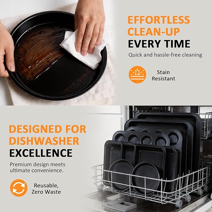 10PCS Nonstick Baking Pans Set - Bakeware Sets for Cooking, Oven and Dishwasher Safe, Non Toxic, Includes Cookie Sheets for Baking, Muffin Pan, Bread Pan, Cake pan, Loaf Pan Roasting Pan Black