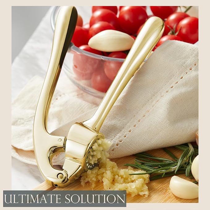 Kitessensu High Effective Garlic Press With Studs, Heavy Duty Garlic Mincer, Easy to Squeeze and Clean, Rust Proof & Dishwasher Safe, Ginger Crusher - Golden